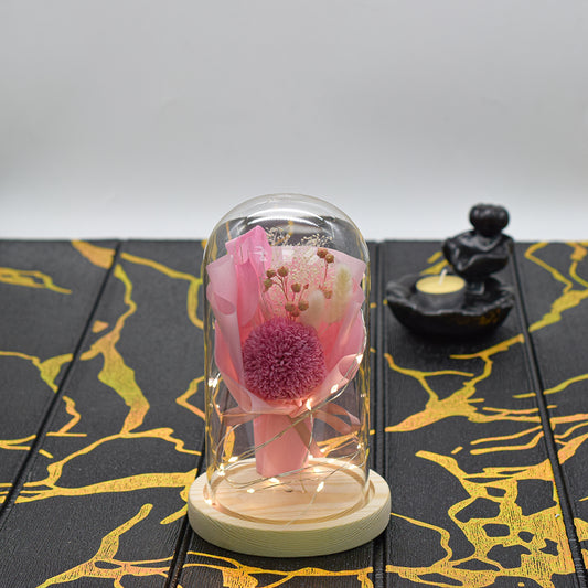 Aranjament floral in cupola de sticla, lumina Led, D4038, Roz