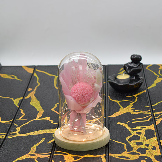 Aranjament floral in cupola de sticla, lumina Led, D4038, Roz pal