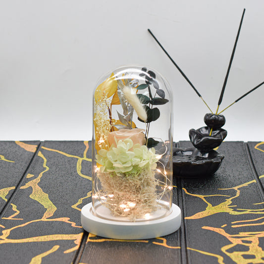 Aranjament floral in cupola de sticla, lumina Led, D4039, Galben