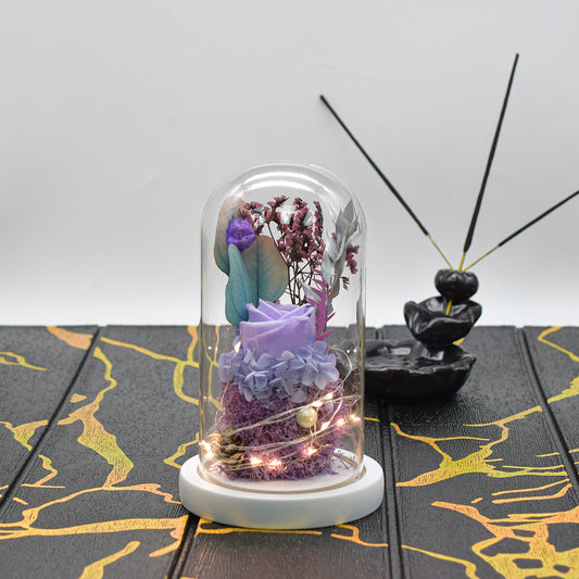 Aranjament floral in cupola de sticla, lumina Led, D4039, Mov