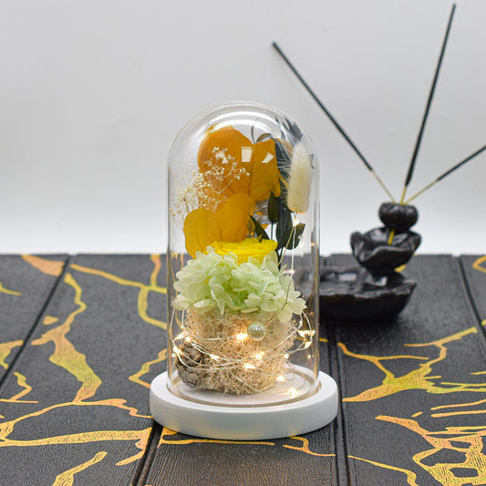 Aranjament floral in cupola de sticla, lumina Led, D4039, Portocaliu