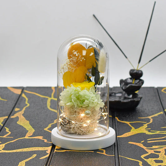 Aranjament floral in cupola de sticla, lumina Led, D4039, Portocaliu - 221.ro