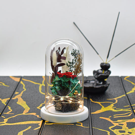 Aranjament floral in cupola de sticla, lumina Led, D4039, Rosu