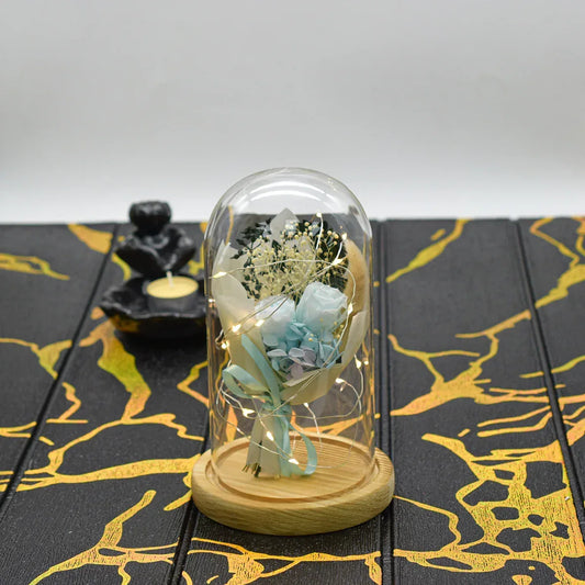 Aranjament floral in cupola de sticla, lumina Led, D4040, Blue - 221.ro