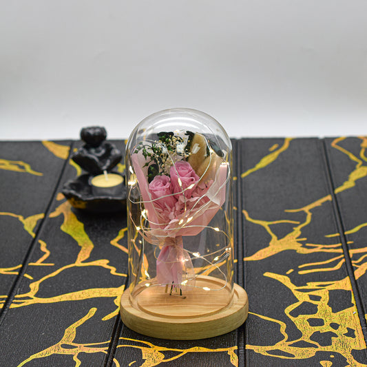 Aranjament floral in cupola de sticla, lumina Led, D4040, Roz