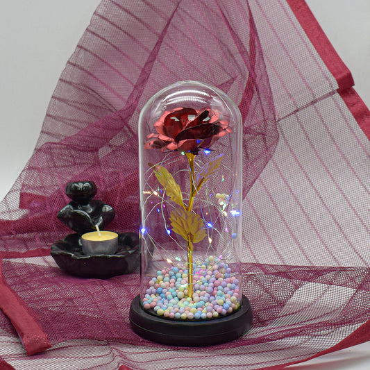 Aranjament floral in cupola de sticla, lumina Led, D4041, Rosu