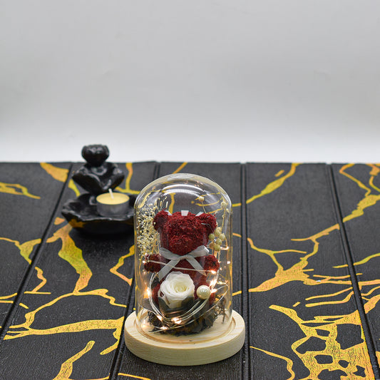 Aranjament floral in cupola de sticla, lumina Led, D4045, Rosu