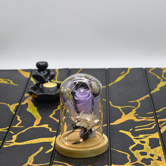 Aranjament floral in cupola de sticla, lumina Led, D4046, Mov