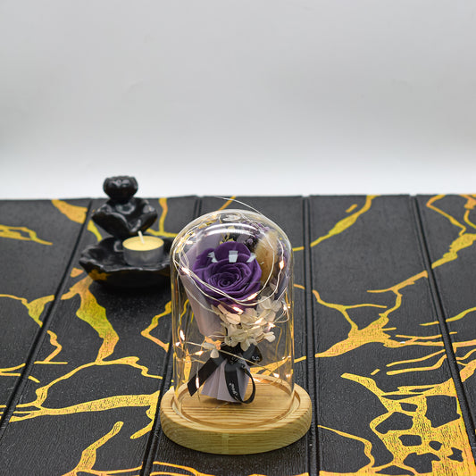 Aranjament floral in cupola de sticla, lumina Led, D4046, Mov inchis