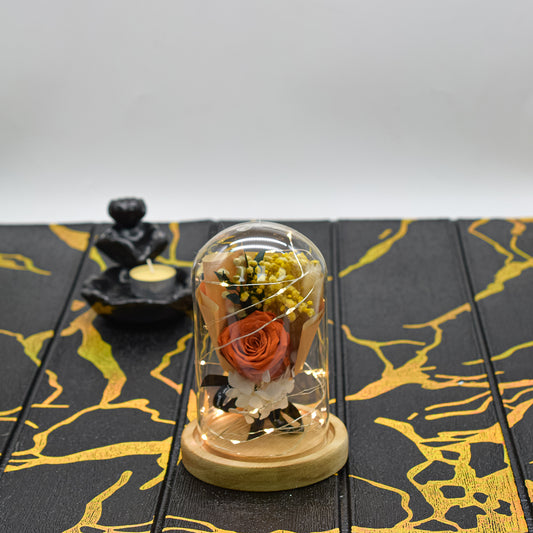 Aranjament floral in cupola de sticla, lumina Led, D4046, Portocaliu