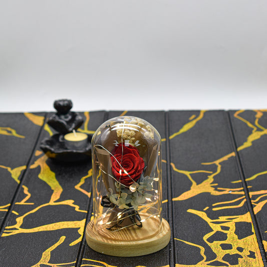 Aranjament floral in cupola de sticla, lumina Led, D4046, Rosu