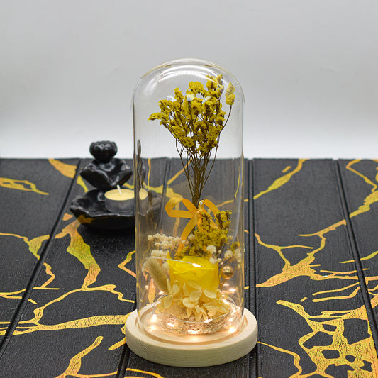 Aranjament floral in cupola de sticla, lumina Led, D4048, Galben