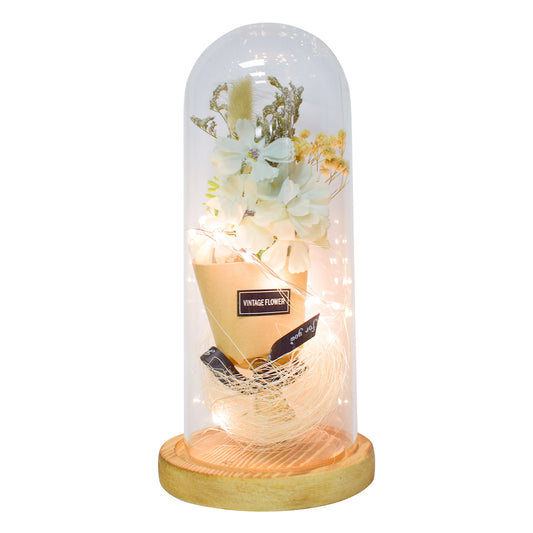 Aranjament floral in cupola de sticla, lumina Led, D4049, Viorele Albastre