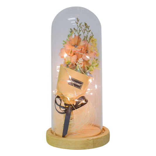 Aranjament floral in cupola de sticla, lumina Led, D4049, Viorele Portocaliu Pal