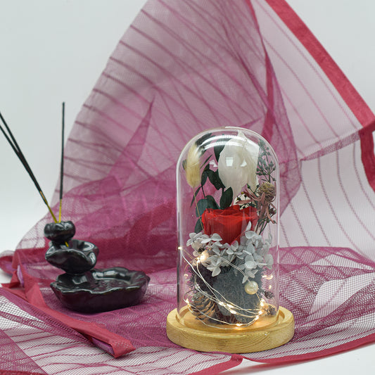 Aranjament floral in cupola de sticla, lumina Led, D4050, Rosu