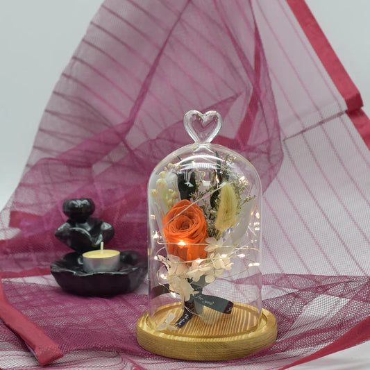 Aranjament floral in cupola de sticla, lumina Led, D4051, Portocaliu - 221.ro