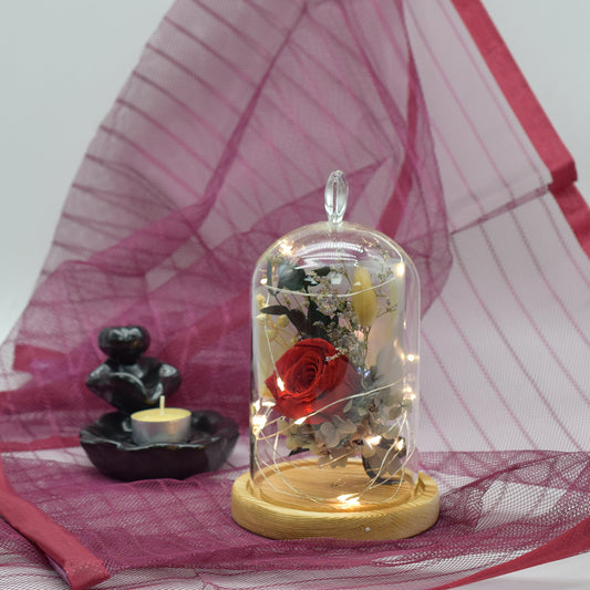Aranjament floral in cupola de sticla, lumina Led, D4051, Rosu