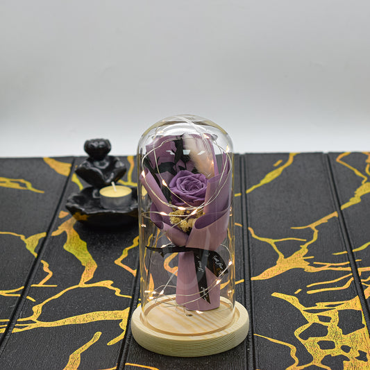 Aranjament floral in cupola de sticla, lumina Led, D4054, Mov