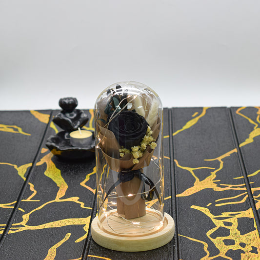 Aranjament floral in cupola de sticla, lumina Led, D4054, Negru