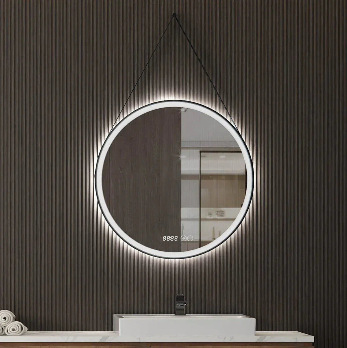 Oglinda cu iluminare LED, IP44, 80cm, D4233, Dezaburire, Touch, Ceas, rama neagra Aluminiu - 221.ro