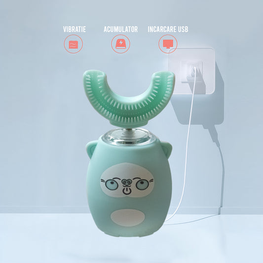 Periuta de dinti electrica U-shape, 3 programe, pentru Copii 2-7 ani, Naimeed D4369, acumulator, incarcare USB, Blue