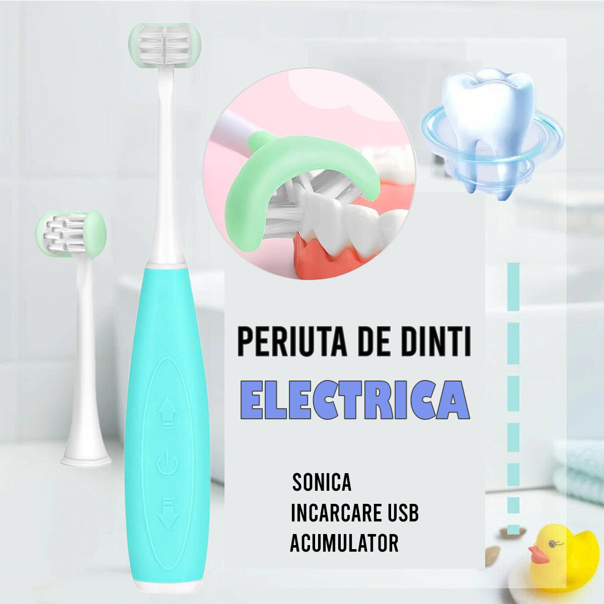 Periuta de dinti electrica U-shape, Sonica, 5 programe, 6-14 ani, Naimeed D4373, acumulator, incarcare USB, Blue