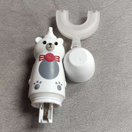 Periuta de dinti electrica U-shape, cu baterie, pentru Copii 6-12 ani, Naimeed D4377, cu micro-vibratie, ursulet, Alb