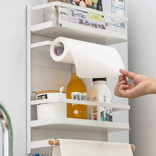 Raft metalic, multifunctional, prindere magnetica, 2 polite, suport rola si prosop, Naimeed D4437, Alb