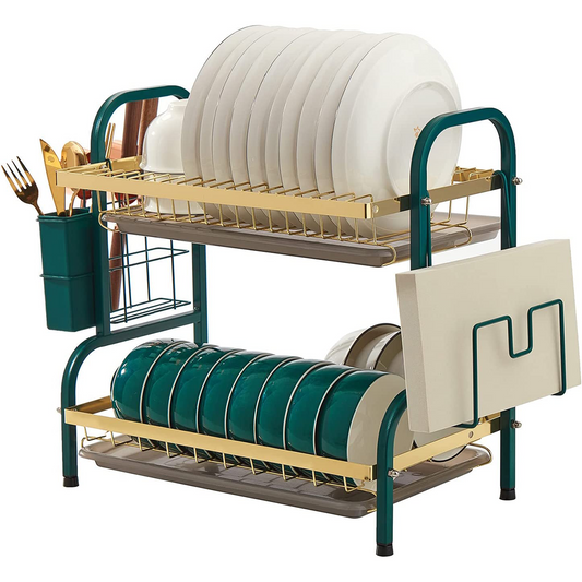 Raft metalic pentru vase si tacamuri, 2 polite, Naimeed D4469, Verde/Auriu