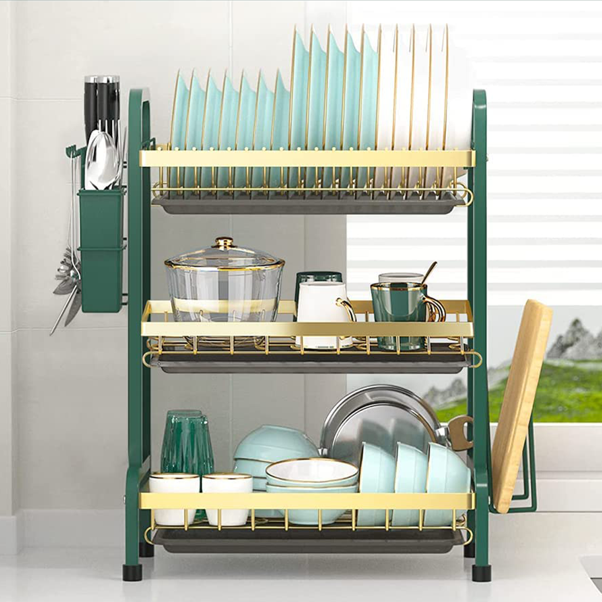 Raft metalic pentru vase si tacamuri, 3 polite, Naimeed D4470, Verde/Auriu