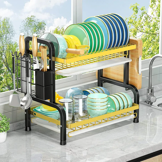 Raft metalic pentru vase si tacamuri, 2 polite, Naimeed D4472, Negru/Auriu - 221.ro