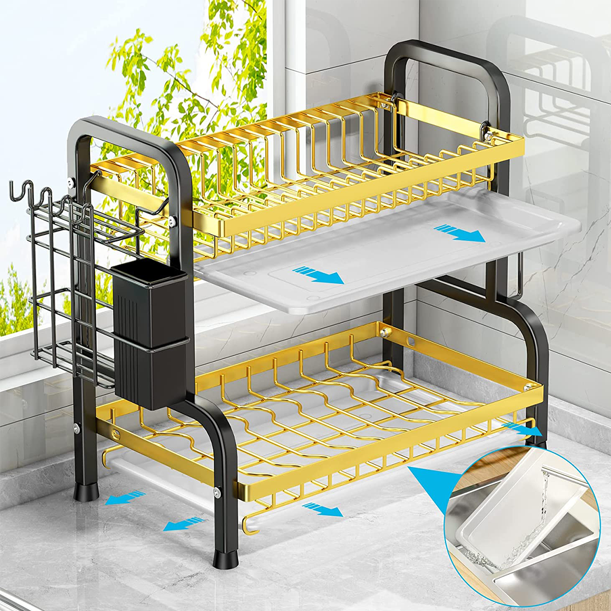 Raft metalic pentru vase si tacamuri, 2 polite, Naimeed D4472, Negru/Auriu