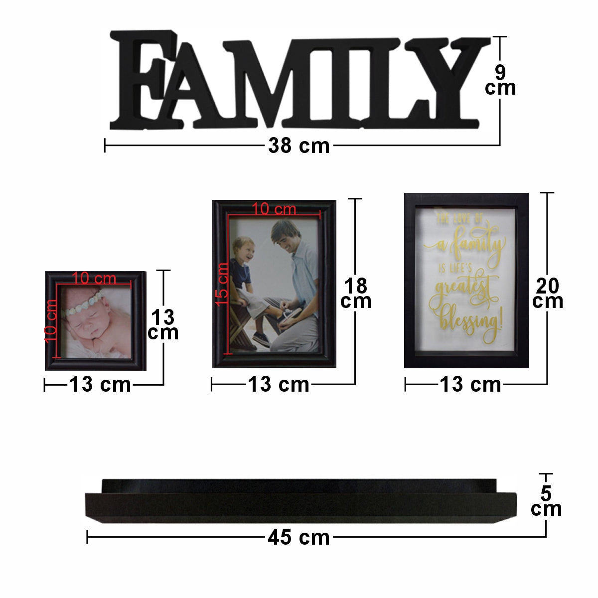 Set 2 rame foto, Naimeed D4595N, 1 polita si 2 ornamente, Negru