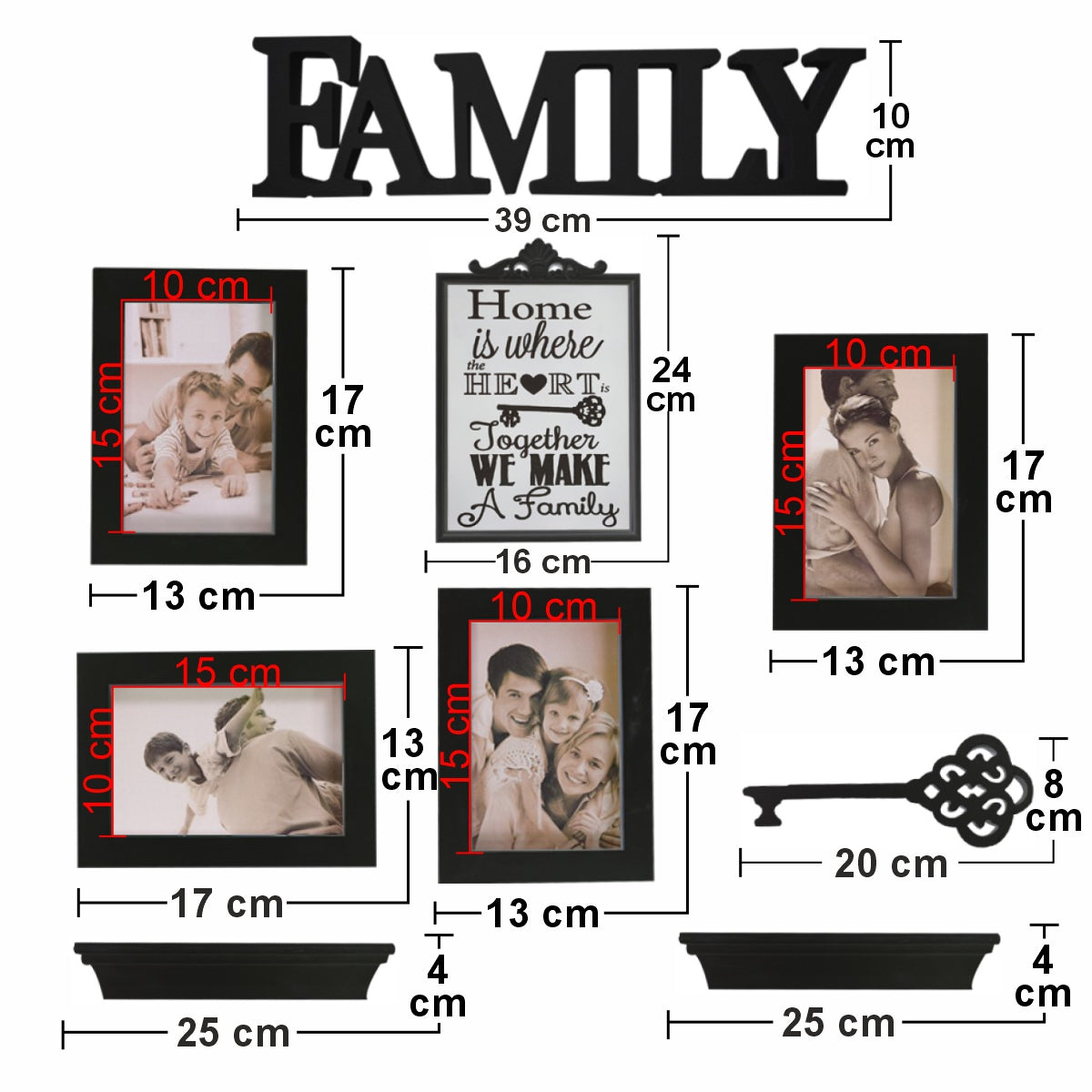 Set 4 rame foto, Naimeed D4597N, 2 polite si 3 ornamente, Negru