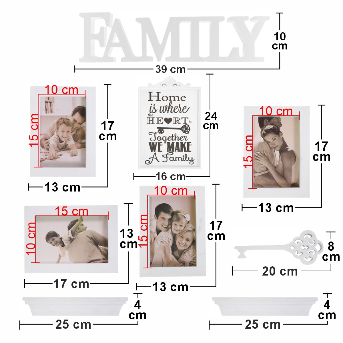 Set 4 rame foto, Naimeed D4597W, 2 polite si 3 ornamente, Alb