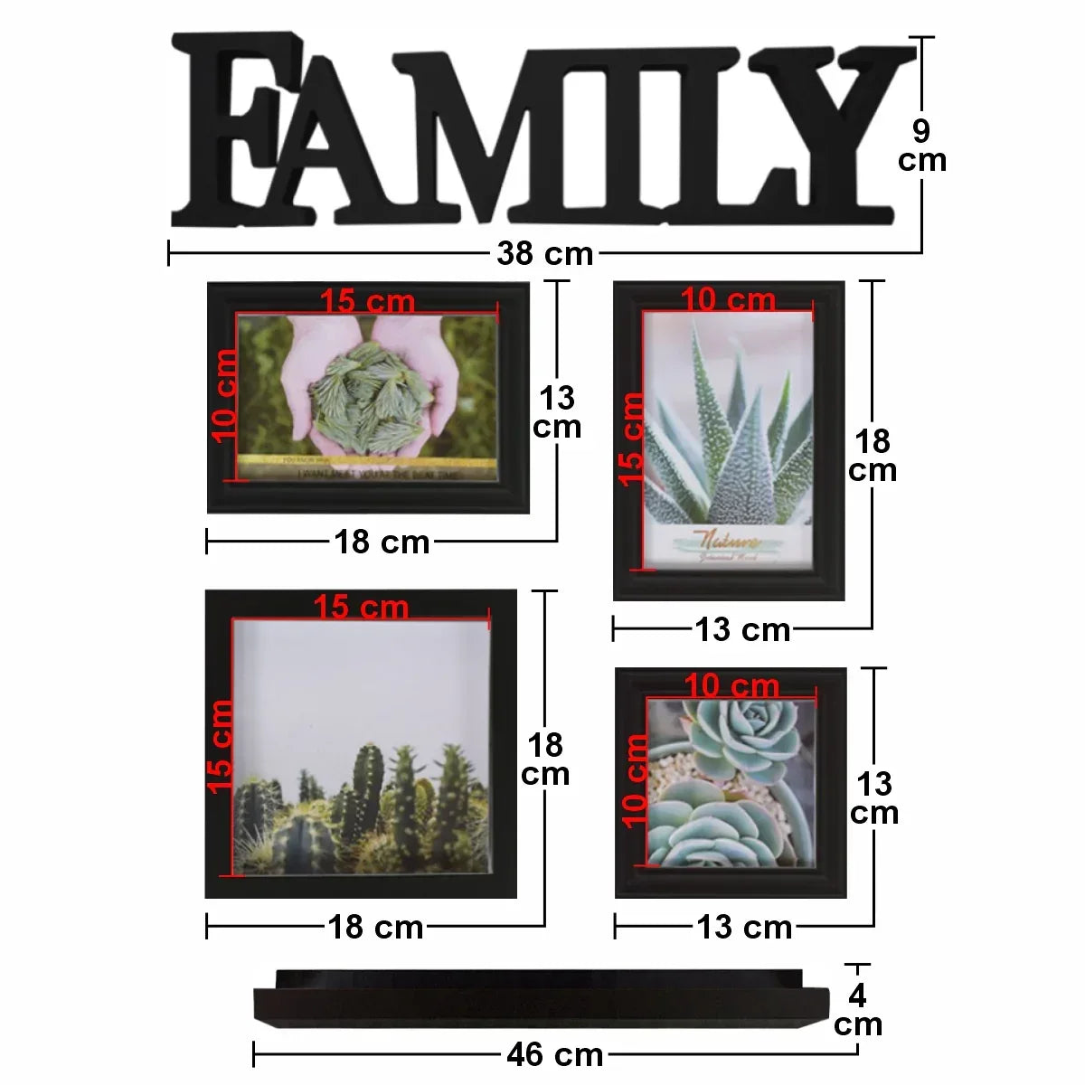 Set 4 rame foto, Naimeed D4599N, 1 polita si 1 ornament, Negru - 221.ro