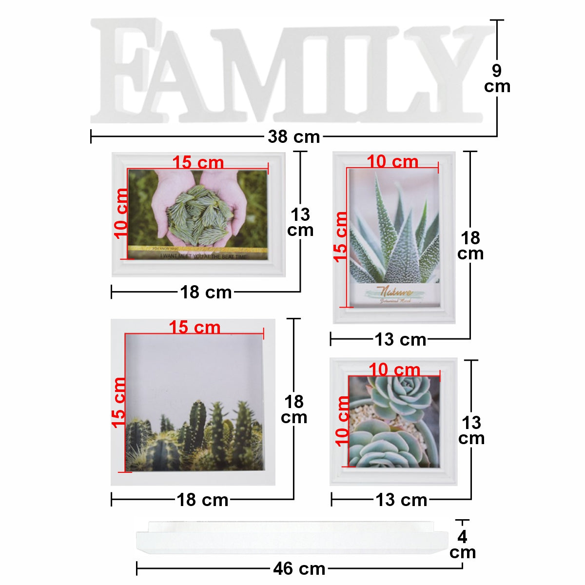 Set 4 rame foto, Naimeed D4599W, 1 polita si 1 ornament, Alb
