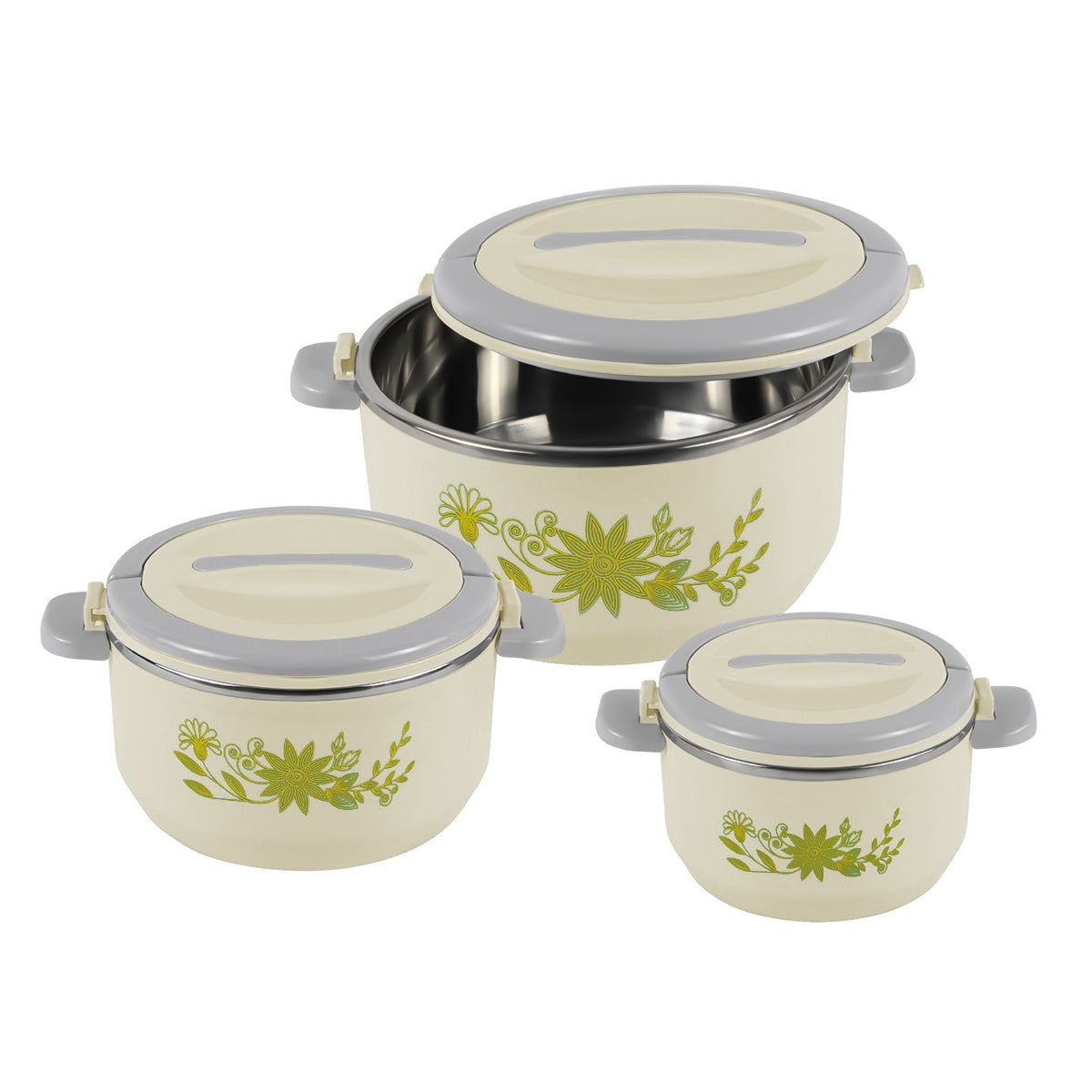 Caserola termica, set 3 piese, cu interior din inox, Naimeed D4810, Crem