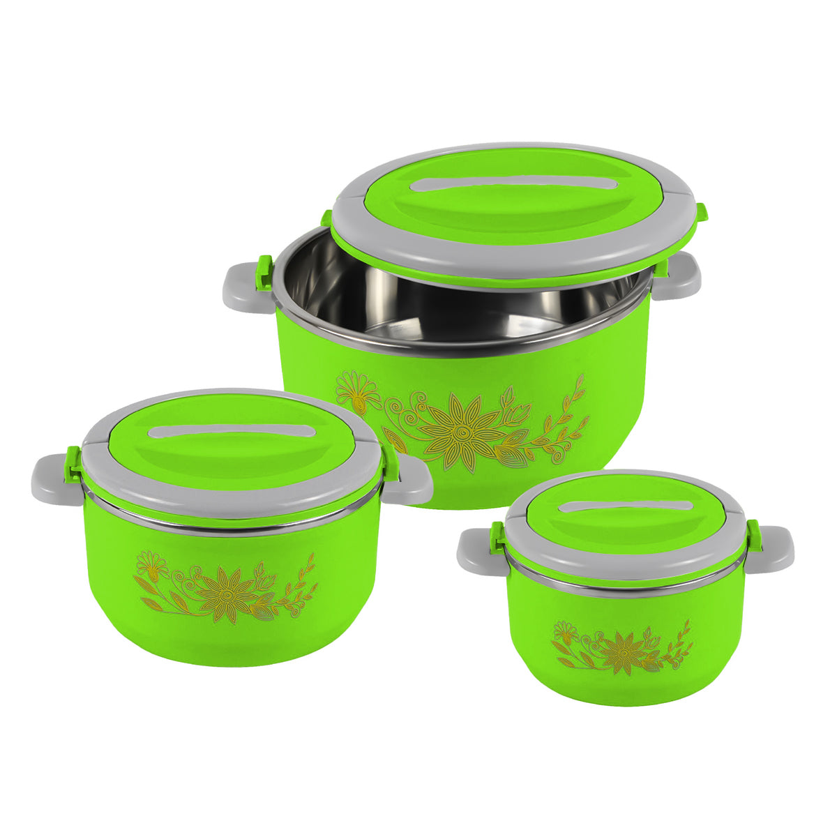 Caserola termica, set 3 piese, cu interior din inox, Naimeed D4810, Verde