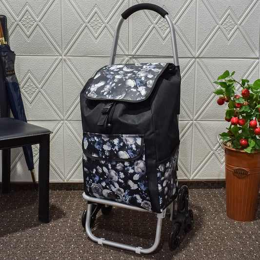 Carucior de piata pliabil, cadru din aluminiu, roti din silicon, Naimeed D4948, 6 roti, 49 L, Negru/Albastru - 221.ro