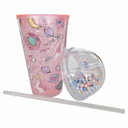 Pahar cu capac si pai, Naimeed D5020, Roz-unicorn