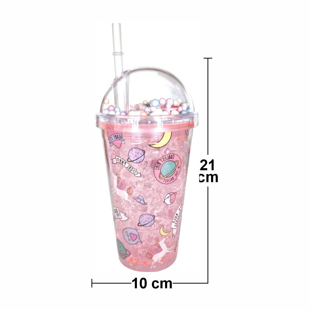 Pahar cu capac si pai, Naimeed D5020, Roz-unicorn