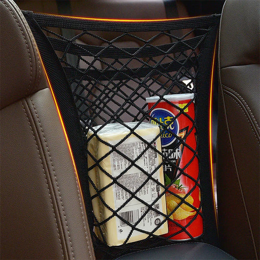 Organizator auto, plasa elastica, Naimeed D5139, 3 buzunare, prindere tip clema, montare intre scaune, Negru - 221.ro