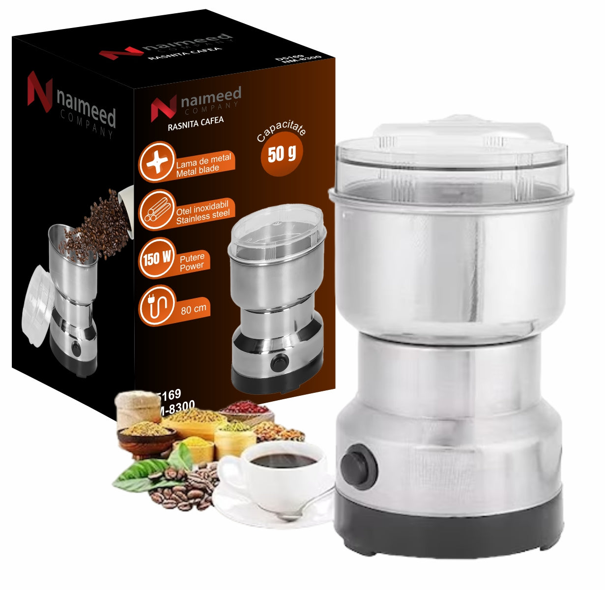 Rasnita cafea, Naimeed D5169, Inox, putere 150W