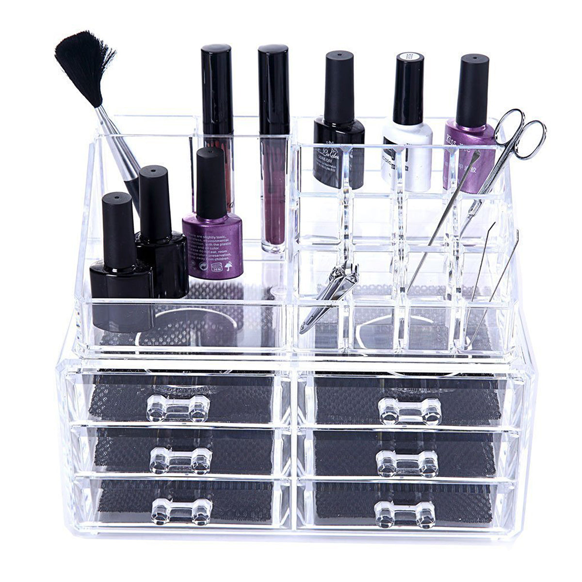Organizator cosmetice, Naimeed D5175, 6 sertare, cu compartiment pentru discheta demachianta, ruj, oja, Transparent