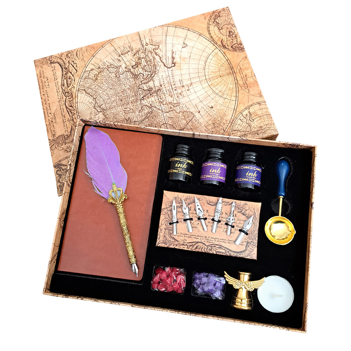 Set caligrafie vintage, stilou cu penita, calimara, sigiliu ceara, 6 varfuri de schimb, Naimeed D5223, Violet