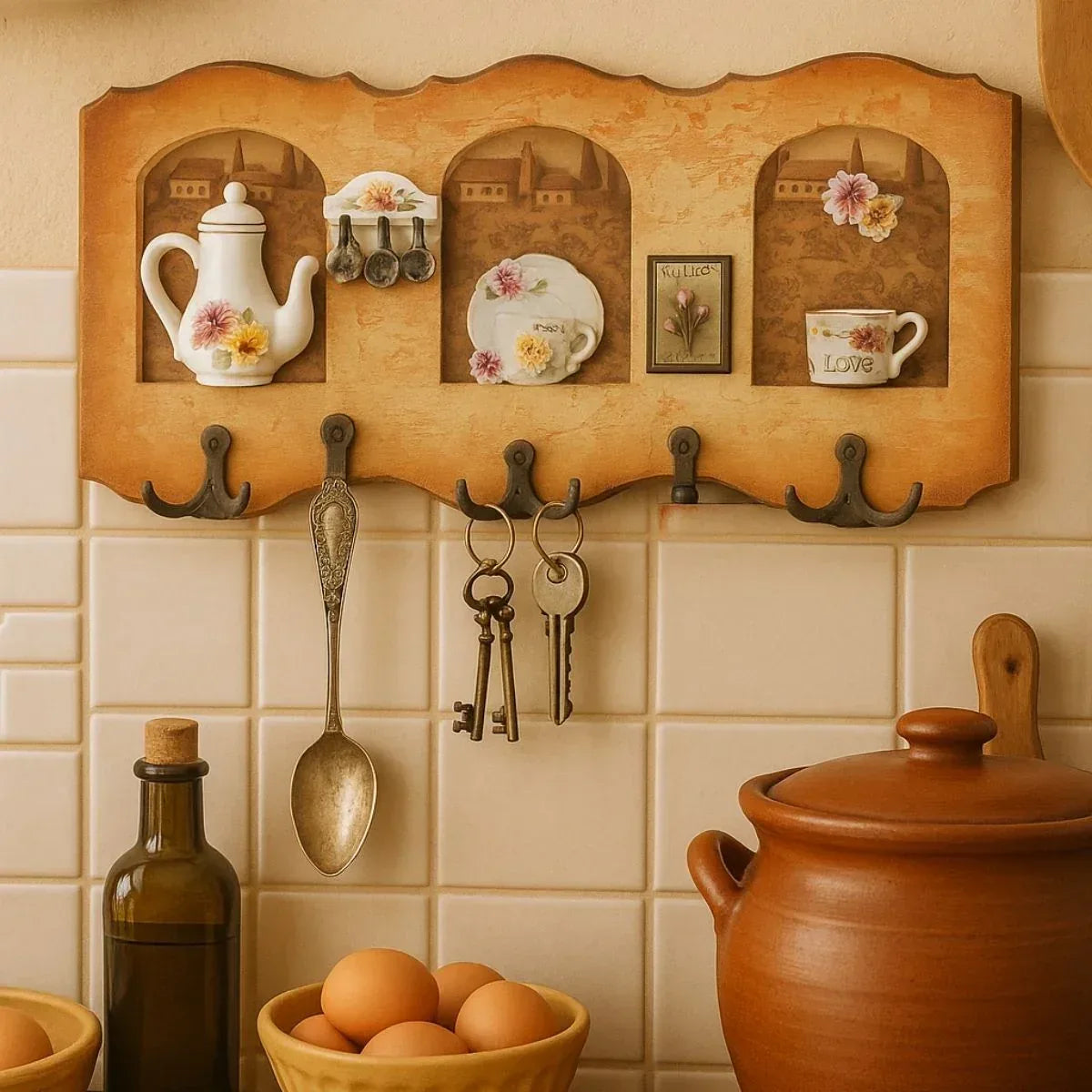 Cuier decorativ cu 3 carlige, Naimeed D53-5, 35x19x1cm, Maro - 221.ro
