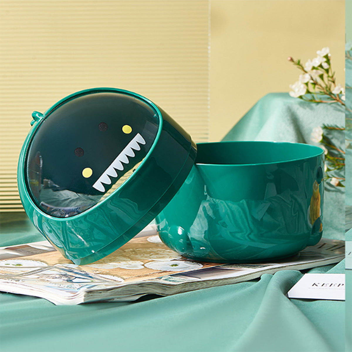 Cos de gunoi, cu capac, model dinozaur, Naimeed D5356, Verde, 14x14x20cm