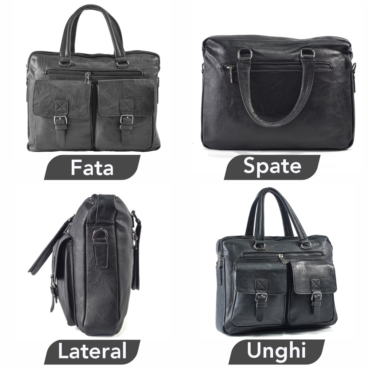 Servieta barbati, piele ecologica, Naimeed D5453, Companion, Negru, 39x7x30cm