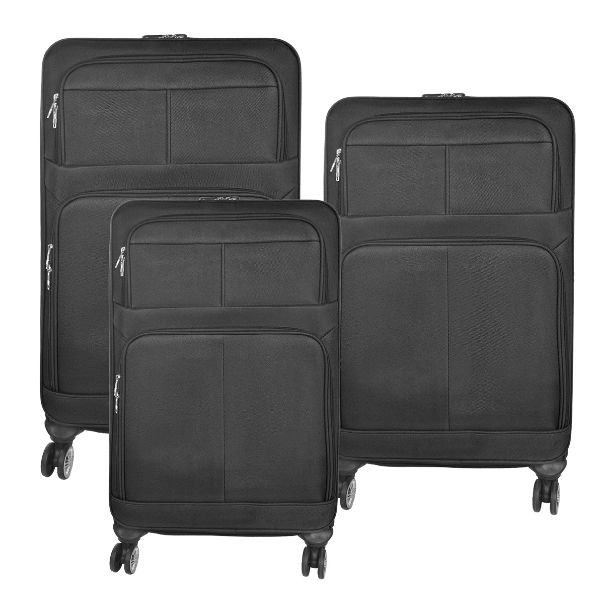 Set 3 trolere voiaj, Naimeed D5592, 4 roti duble 360 grade, material textil, inchidere cifru, Negru